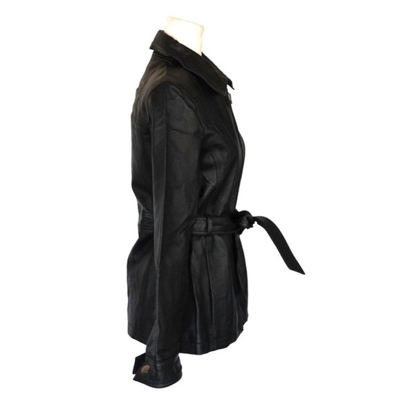 East 5th Black Leather Jacket Womens Size Petite Small Ties at Waist Zip Front - Picture 14 of 16